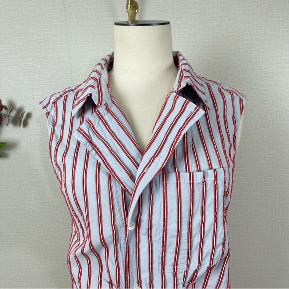 DEREK LAM 10 CROSBY Women’s Blue Red Striped Ruffle Placket  Mini Shirtdress 10 - Picture 14 of 16